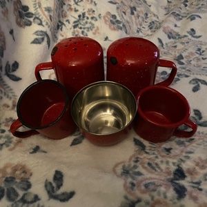 Red enamelware mismatched set